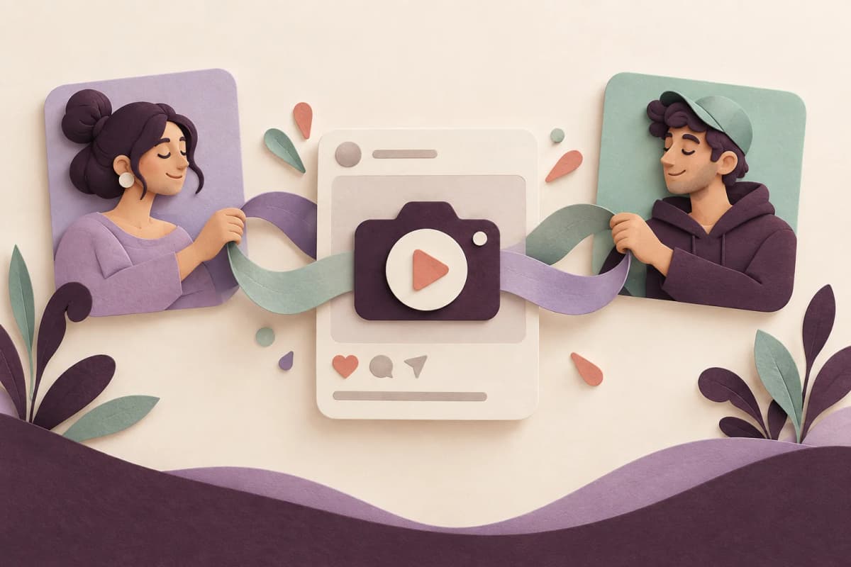 Koncepčná ilustrácia dvoch tvorcov prepojených s jedným papierovým príspevkom.