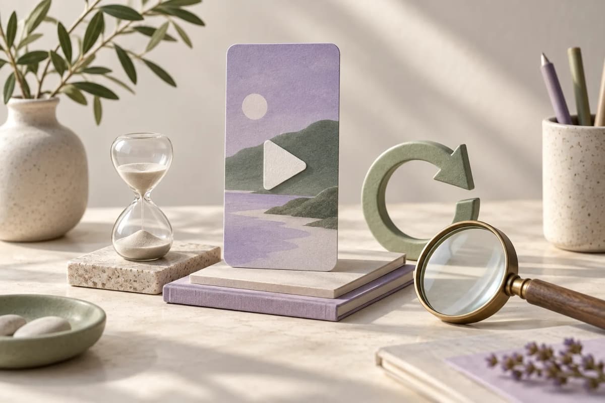 Koncepčná ilustrácia videokarty, presýpacích hodín, kruhovej šípky a lupy.
