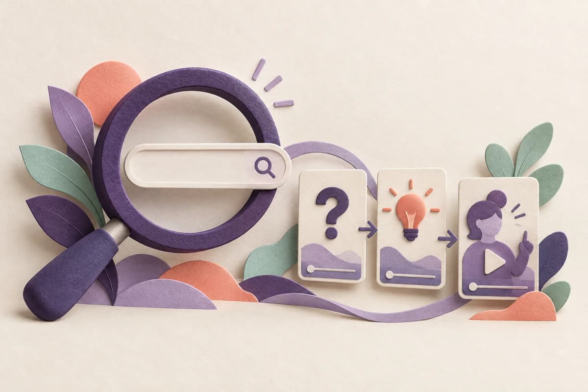 Koncepčná papierová ilustrácia lupy, otázky a prípravy videa.